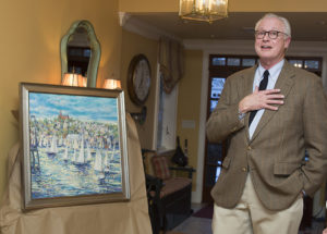Marblehead artist Charlie Allen with painting to benefit Care Dimensions Hospice Auction and Regatta