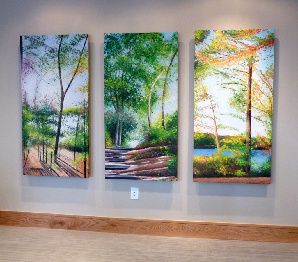 Three paintings by artist Meg Black installed at the Care Dimensions Hospice House in Lincoln, MA, celebrate the beauty of Walden Woods